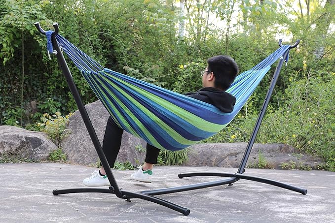 9Ft Portable Solid Steel Heavy Duty Stand Hammock with Carrying Case 2 Person Large Durable and Stable Best Hammock Stands for Indoor or Outdoor Backyard Decor Bed Patio Lawn Garde - Blue 300 Lb