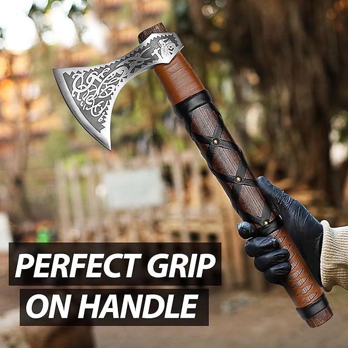SHINY CRAFTS® Handcrafted Viking Axe – Engraved Nordic Blade with Wooden Handle Unique Gift for Men Collectors Cosplay and Medieval Decor (Brown-VBA-04-A)