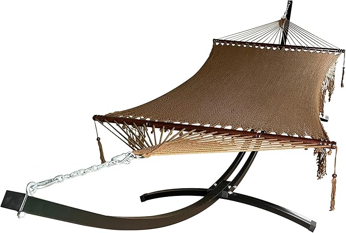 15 Ft. Indoor/Outdoor Heavy Duty Black Steel Arc Hammock Stand + Deluxe Hand Woven 2 Person Brown Bohemian Chic Rope Hammock Bed. 450Lb Capacity.