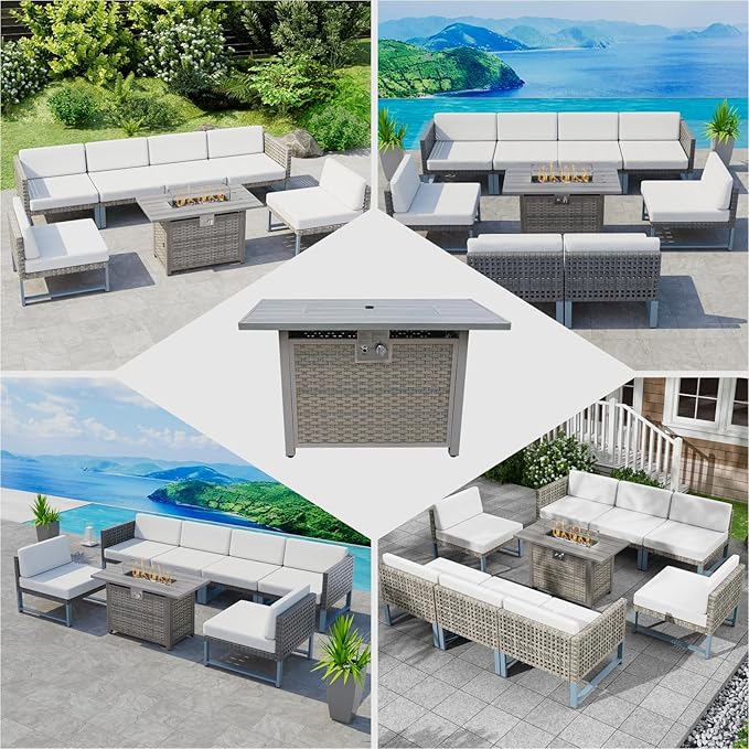 30 Round Propane Fire Pit Table - 50K BTU with Lid Rocks Tank Storage and Cover - Round Gas Fire Pits for Outside Patio - Outdoor Table with Firepit (Brown 43 Rectangular)