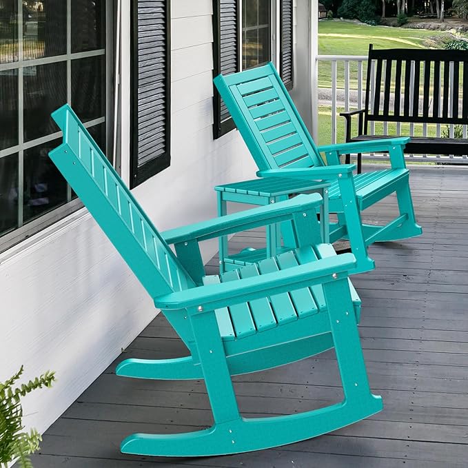 GREENVINES Outdoor Rocking Chairs | Set of 2 | Porch Rocker | HDPE Plastic | Aqua | Oversized Rockers | High Back | Big &amp Tall | Ladder Back | for Patio Outside Backyard Balcony Garden