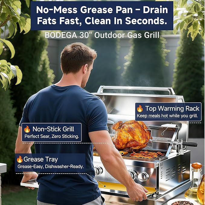 BODEGA 5 Burner Built In Gas Grill Island Head Stainless Steel 30 Inch Propane Grill with Rear Burner 58000 BTUs 988.5 SQ In Racks Dual Fuel Compatibility Gas Grill Outdoor Cooking BBQ Fork Kit.