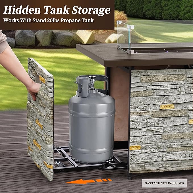 PIZZELLO 43 Inch Propane Fire Pit Table Outdoor Stone Firepit Table Rectangular 50000 BTU Propane Fire Tables for Outside Patio with Wind Guard Table Lid Fire Beads CoverPizzello Caldo (Gray)