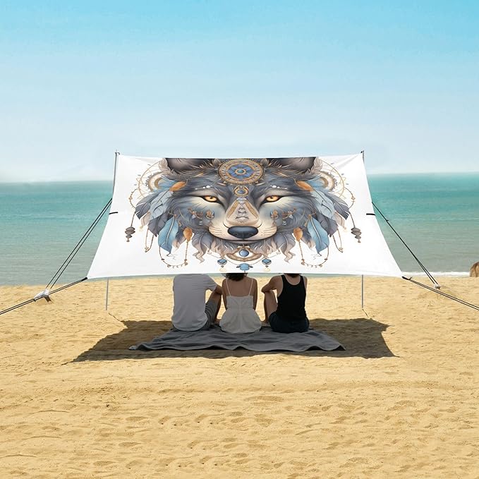 ALAZA Wolf Boho Dreamcatcher Beach Tent Sun Shelter UPF50+ Protection Beach Shade Canopy w/ 4 Sandbags for Outdoor Camping Fishing Backyard Fun Picnic 10x9 ft