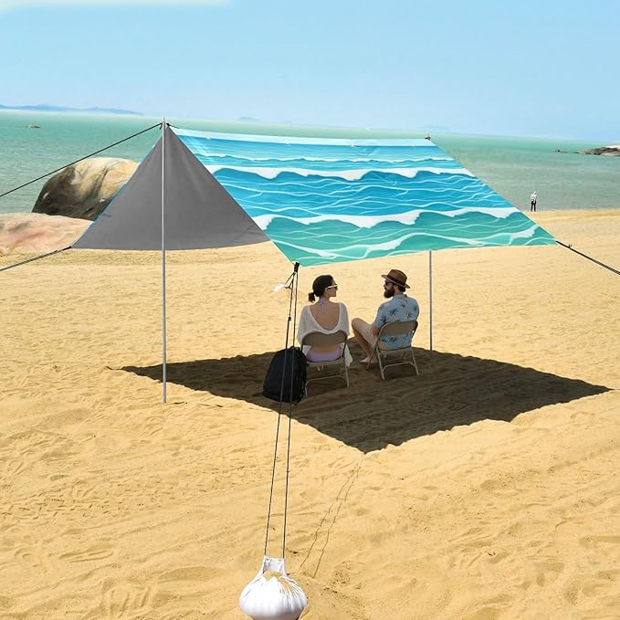 xigua Waves Beach Tent Sun Shelter with Carrying Bag - Silver Coated Oxford Fabric Beach Canopy for Beach Camping Fishing - Includes Windproof Ropes Sandbags &amp Stakes