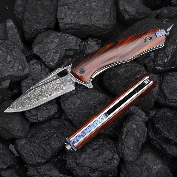 Damascus steel multifunctional EDC folding knife with self assembling pocket clip lining lock leather sheath one piece disassembly pocket knife
