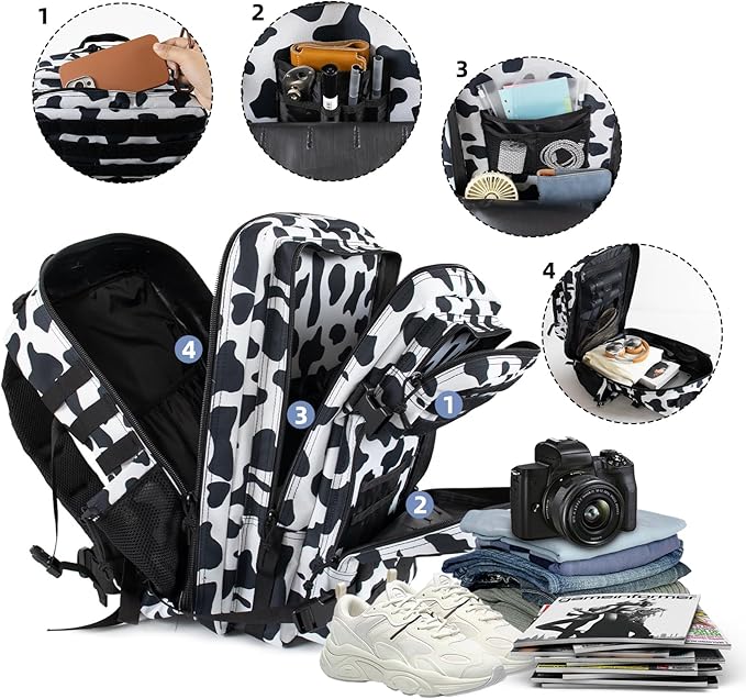 45L Military Tactical Backpack 3 Day Molle Assault Pack Large Army Bug Out Bag Rucksack Daypack for Men Outdoor Hiking Army Camping Hunting Cow Print