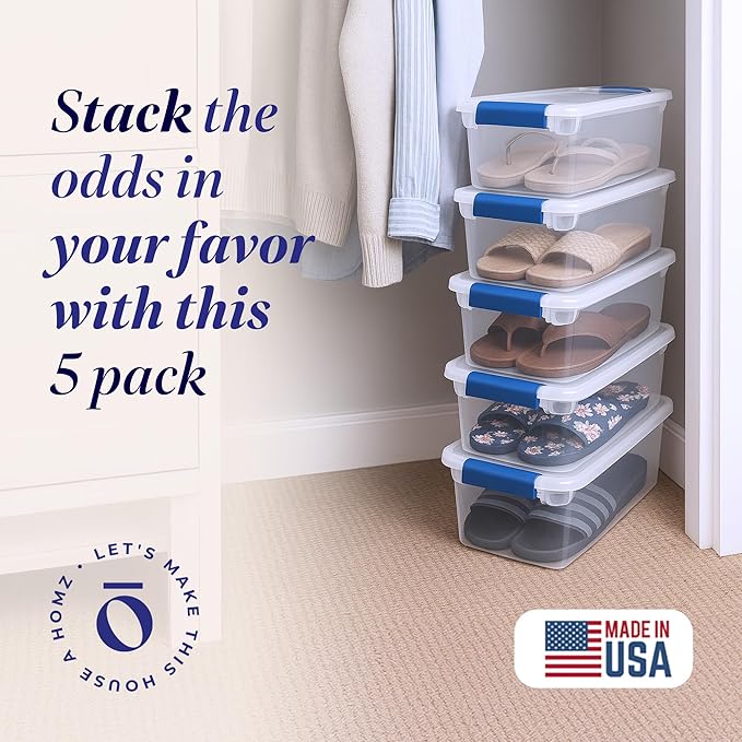 HOMZ 5-Pack Latching Lid Clear Plastic Storage Organizer Bins 7.5 Quart Blue Latch - Stackable Organizing Containers for Home Garage and Office