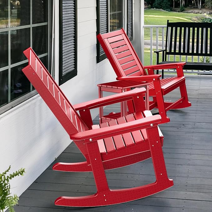 GREENVINES Outdoor Rocking Chair Set | 3-Piece | 2 Rocking Chairs with 1 Side Table | Porch Rocker | HDPE Plastic | Red | Patio Furniture Sets | High Back | Big &amp Tall | Ladder Back