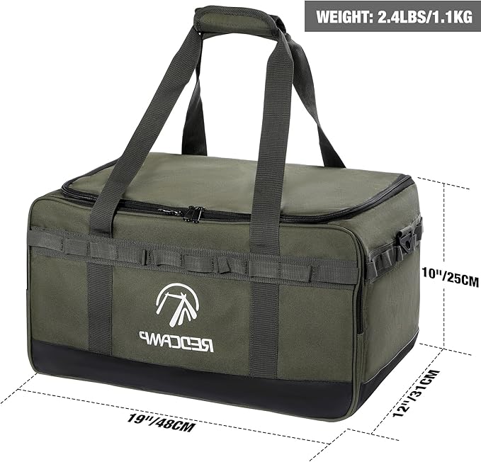 REDCAMP Camping Tote Organizer 35L Tactical Duffel Bag Waterproof Camp Storage Organizer with 3 Adjustable Dividers and Shoulder Strap for Outdoor Transport Army Green