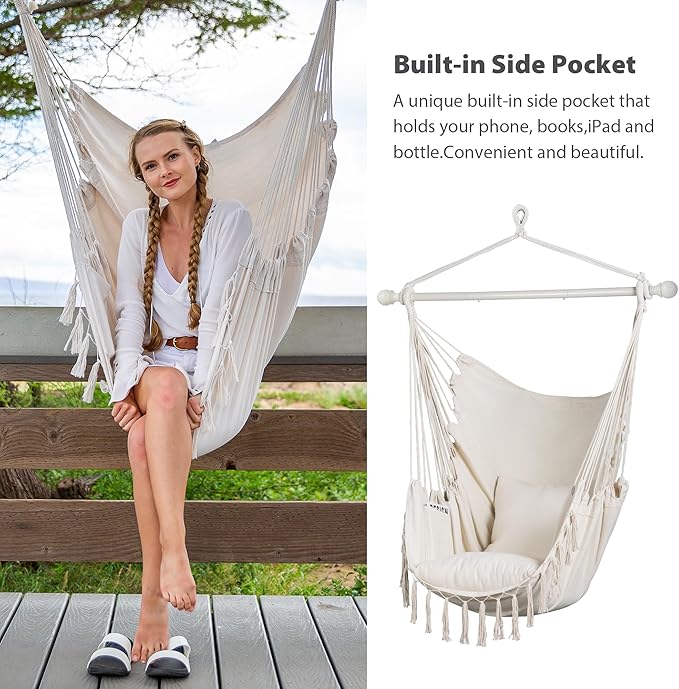 SUNCREAT Hammock Chair Hanging Rope Swing Seat-Max 450lbs Capacity Extra Large Macrame Hanging Swing with Side Pocket Two Seat Cushion Beige