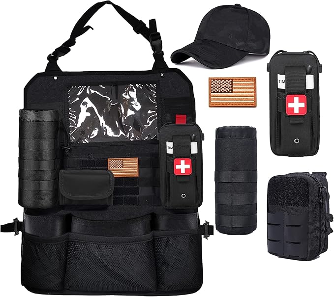 Upgrade Tactical Seat Back Organizer Molle Car Seat Organizer with 4 Detachable Pouches: Trauma Medical Pouch Water Bottle Pouch Vehicle Protector Organizers (Modern B Black)