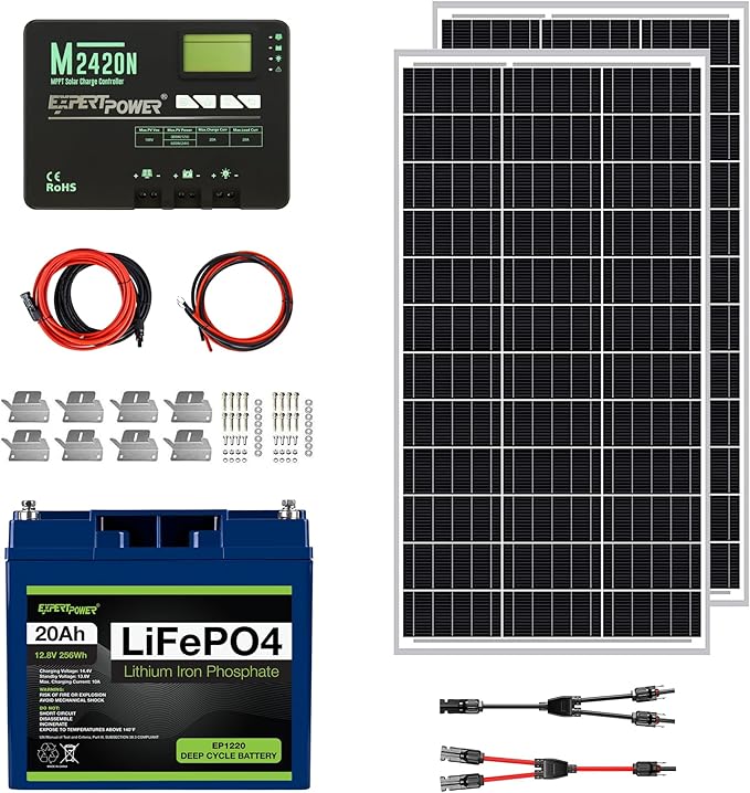 ExpertPower 200W 12V Solar Power Kit | 12V 20Ah LiFePO4 Lithium Battery | 200W Mono Rigid Solar Panels 20A MPPT Solar Charge Controller | RV Trailer Camper Marine Off Grid Solar Projects