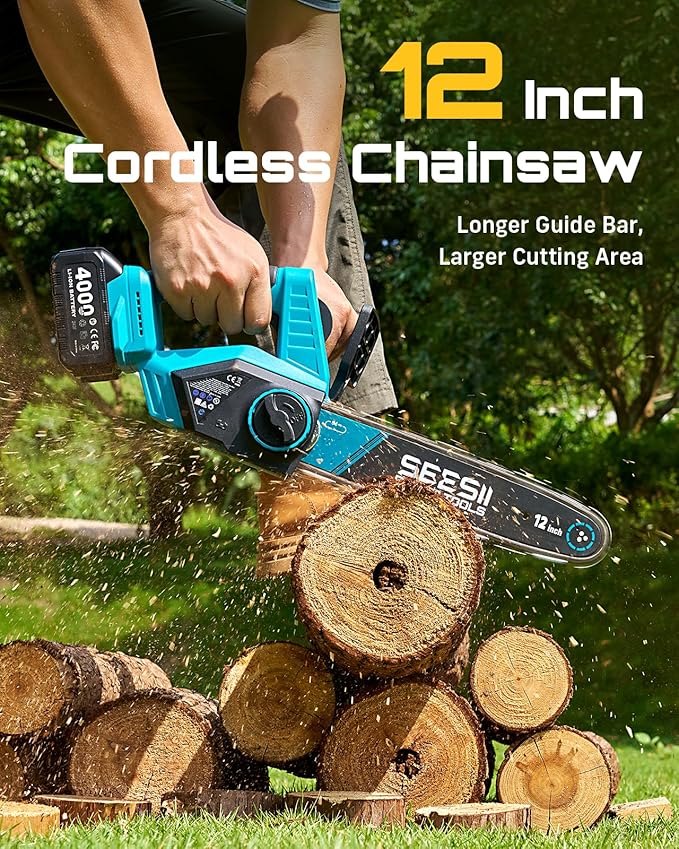 SEESII Electric Chainsaw Cordless 12-inch Handheld Chain Saws with a 4.0Ah Battery Tree Saw with Tool-free Chain Tension Auto Oiling for Wood Cutting Trimming Branch