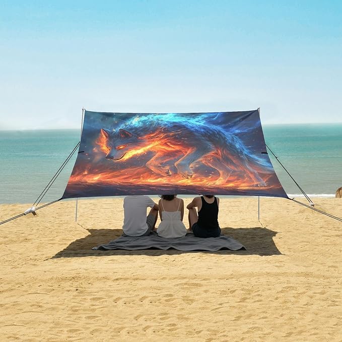 ALAZA Flame Wolf Beach Tent Sun Shelter UPF50+ Protection Beach Shade Canopy w/ 4 Sandbags for Outdoor Camping Fishing Backyard Fun Picnic 10x9 ft