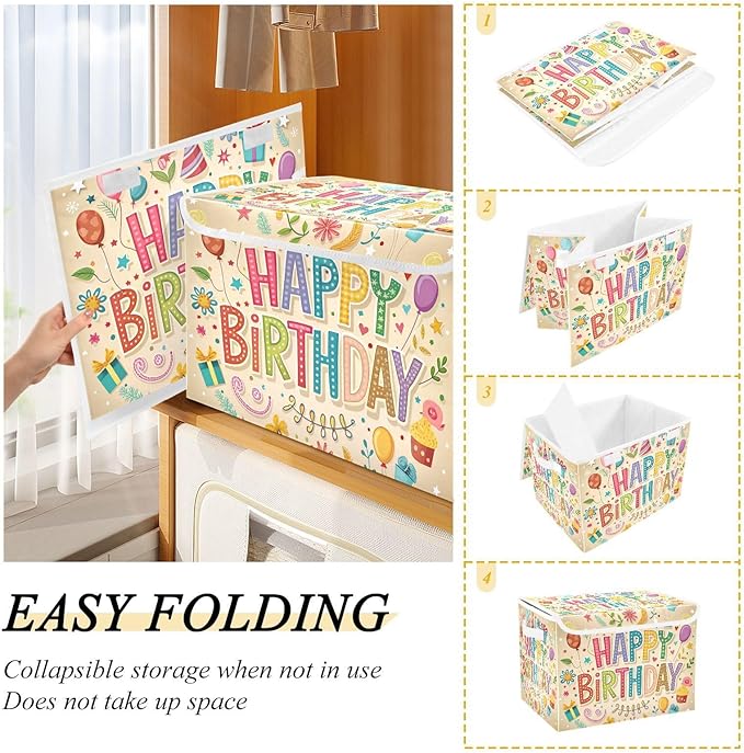 Happy Birthday Beige Large Storage Bins with Linen Foldable Storage Cubes Fabric Closet Organizer Containers box with Flip-Top Lid for Home Office Closet 16.5” x 12.6” x 11.8”