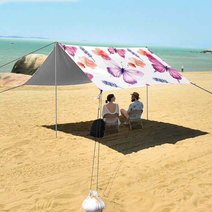 xigua Butterflies Beach Tent Sun Shelter with Carrying Bag - Silver Coated Oxford Fabric Beach Canopy for Beach Camping Fishing - Includes Windproof Ropes Sandbags &amp Stakes