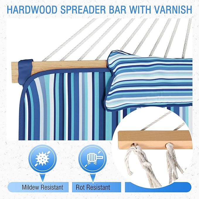 MUPATER 12FT Double Hammock with Stand Included 2 Person Outdoor Quilted Hammock with Stand Rope with Pad and Pillow para adultos Striped Blue