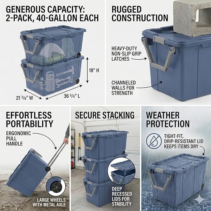 40 Gallon Plastic Storage Box with Wheels and Lids Stackable Industrial Tote Pack of 2 (Blue)