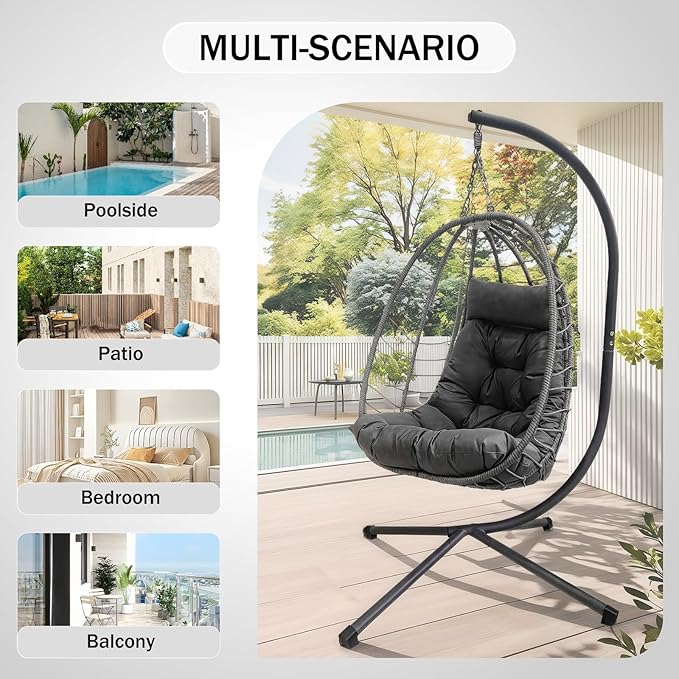 Hanging Egg Chair with Stand Outdoor Indoor Rattan Wicker Swing Chair Foldable Patio Hammock with Cushion Dark Grey 350 LBS Capacity (Dark Grey)