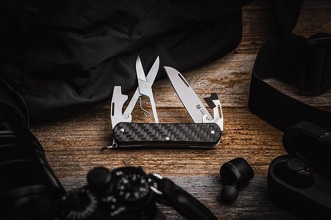 Fox Knives Vulpis FX-VP130-F4 Slipjoint Folding Knife 4-in-1 Multitool 2.17in Blade Bottle Opener Can Opener Flat Head Screwdriver Scissors - Compact Versatile Pocket Knife (Carbon Fiber)