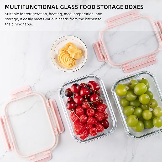 10 Pack 22 oz Glass Meal Prep Containers Food Storage Containers with Lids Airtight Leakproof Lunch Containers for Kitchen Freezer Microwave Dishwasher Safe (Pink)