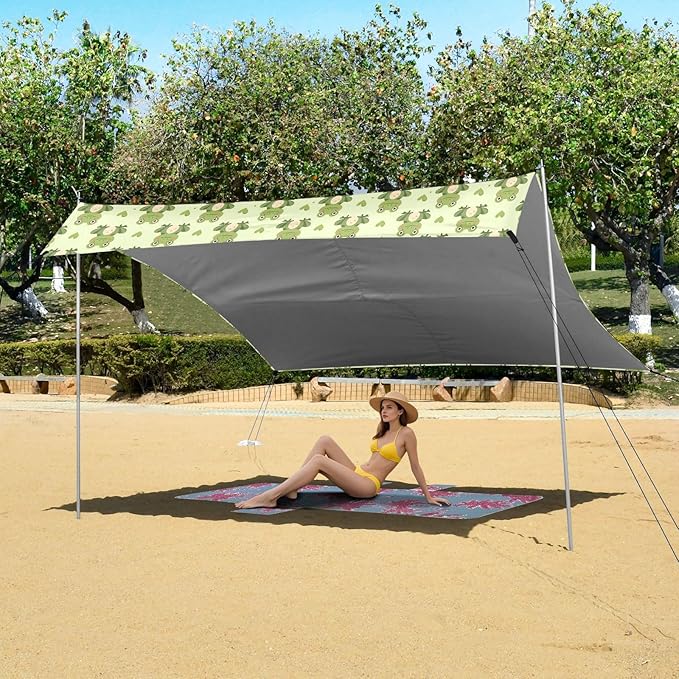ALAZA Frogs Hearts Beach Tent Sun Shelter UPF50+ Protection Beach Shade Canopy w/ 4 Sandbags for Outdoor Camping Fishing Backyard Fun Picnic 10x9 ft