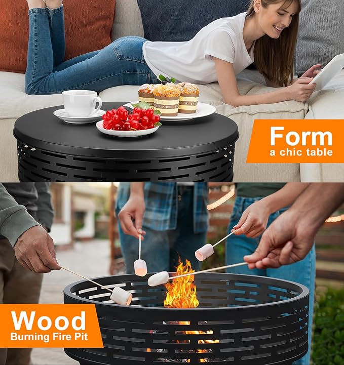 23 Inch Cast Iron Round Fire Pit with Grill 3-in-1 Outdoor Fire Bowl Fire Pit Table with Metal Lid and Fire Poker Wood Burning Firepit for BBQ Bonfire Patio Picnic