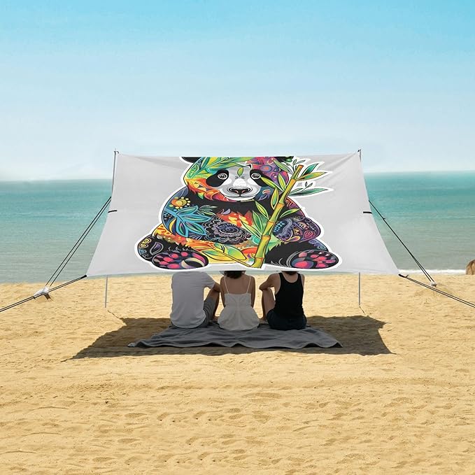 ALAZA Panda Boho Beach Tent Sun Shelter UPF50+ Protection Beach Shade Canopy w/ 4 Sandbags for Outdoor Camping Fishing Backyard Fun Picnic 10x9 ft