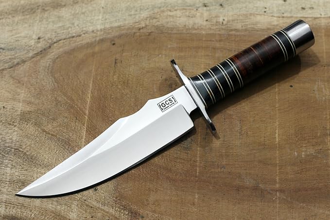 GCS Custom Handmade Stacked Leather Handle D2 Tool Steel Blade Full Tang Bowie Knive with Leather Sheath for Hunting Bushcrafting Camping Survival and EDC-GDK-024