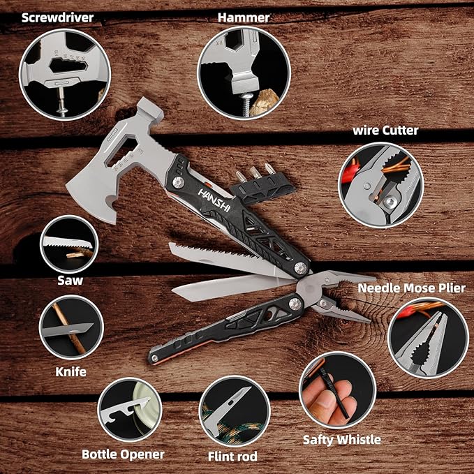 HANSHI Camping Axe Multitool with YG10 Tungsten Steel Replaceable Wire Cutters for Gift17 in 1 Multi Tool with Spring-Action PliersKnifeScrewdriverFlint RobSafty Whistle with Nylon Sheath (Black)