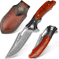 Zingbee Damascus Pocket Knife for Men Women Wood Handle Folding Knife with Sheath 3.15 Damascus Steel Blade Pocket Knives for Outdoor