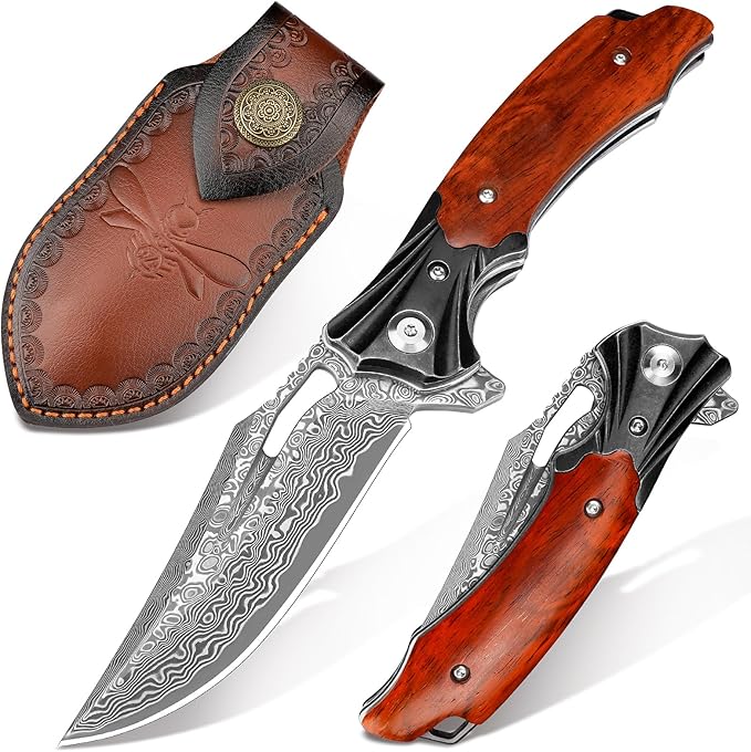 Zingbee Damascus Pocket Knife for Men Women Wood Handle Folding Knife with Sheath 3.15 Damascus Steel Blade Pocket Knives for Outdoor