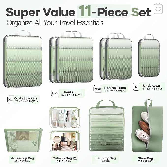 Veken 11 Set Compression Packing Cubes for Travel EssentialsCompressible Expandable Large Luggage Suitcase Organizer Bags for ClothingDurable Space Saver Storage Bags(Matcha Green)