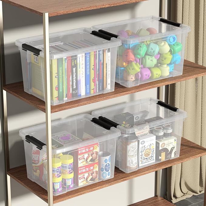 24 Quart Clear Latching Bin with Lids Stackable Plastic Storage Box with Wheels 6 Packs