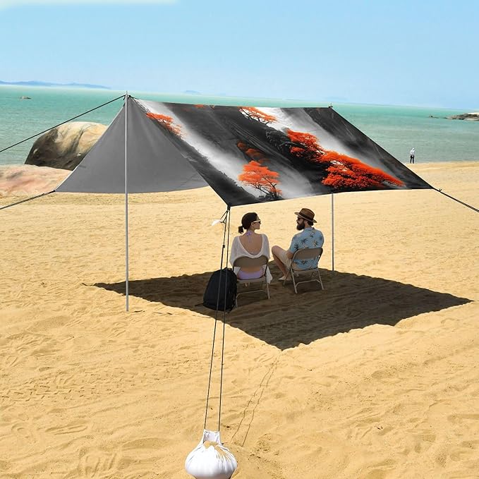 Mountain Beach Canopy Sun Shelter with Sandbags &amp Sand Shovel &amp Windproof Ropes - Portable 110x126 Beach Shade Beach Tent for Camping Picnics