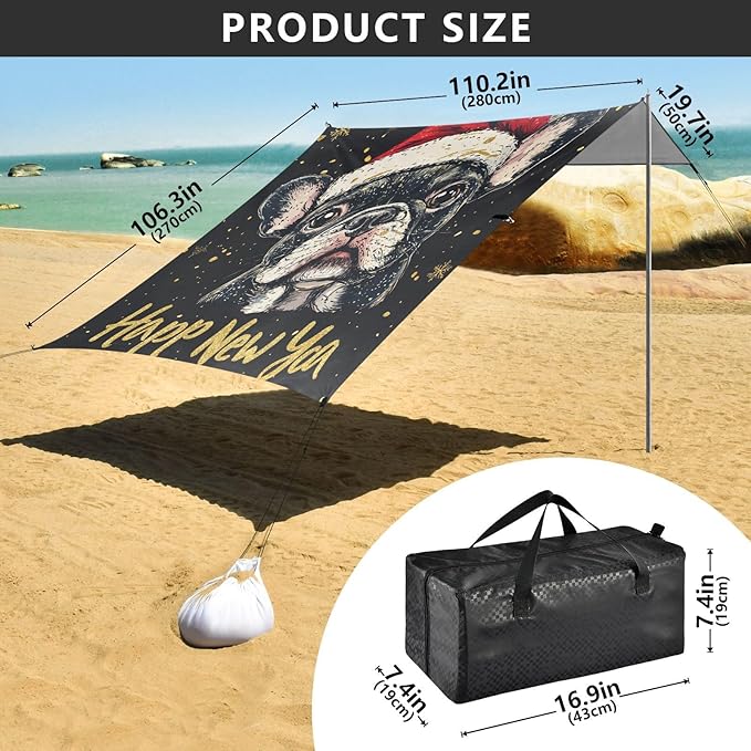 ALAZA Happy New Year French Bulldog Beach Tent Sun Shelter Portable Canopy Sunshade for Outdoor Camping Picnics Backyard Fun 10x9 ft