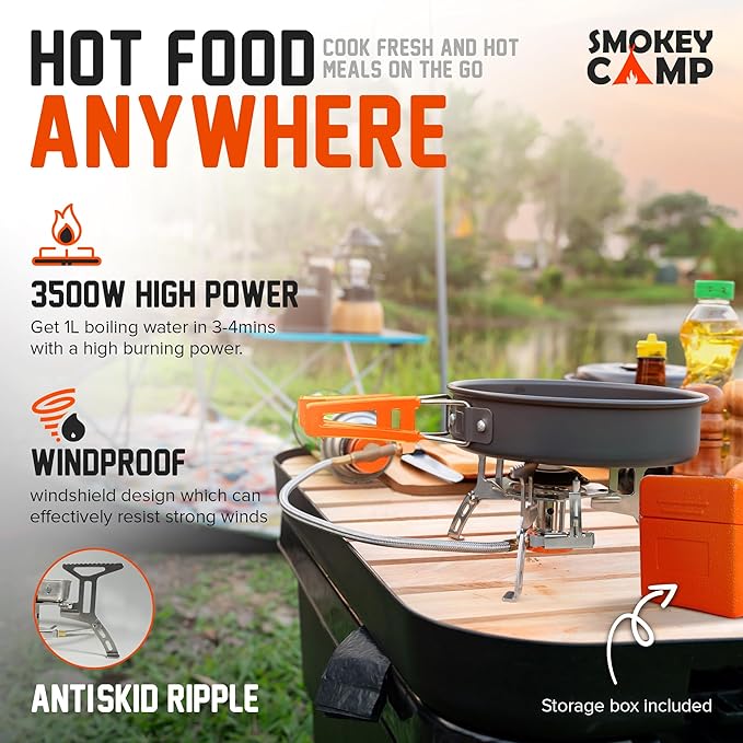 Smokey Camp Camping Cookware Mess Kit Set with Stove - Backpacking Camping Pots and Pans Set All in One Non-Stick Camping Cooking Set Portable Stove Hiking Picnic Outdoor &amp Camping Cookware S
