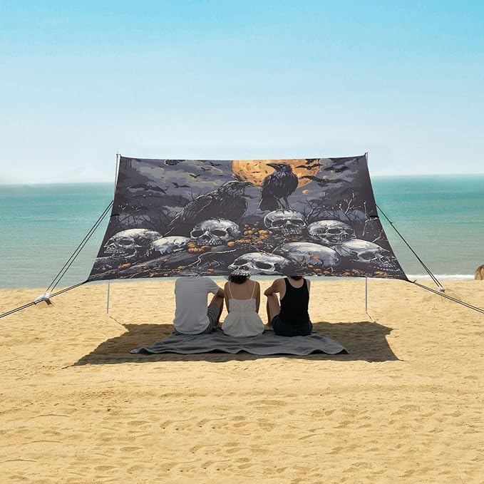 ALAZA Halloween Crow Skull Beach Tent Sun Shelter UPF50+ Protection Beach Shade Canopy w/ 4 Sandbags for Outdoor Camping Fishing Backyard Fun Picnic 10x9 ft