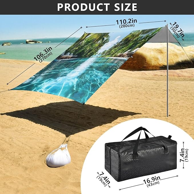 Summer Pool Pattern Beach Tent Sun Shelter Set UPF50+ UV Protection 10.5 x 9.19 FT Camping Shade Canopy with Sandbags Sand Anchors Carrying Bag and Others