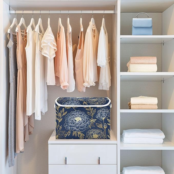 susiyo Large Foldable Storage Bin with Flip-Top Lid Dark Blue Gold Marigold Storage Box Collapsible Closet Organizer Containers Boxes Decorative Baskets with Handles for Home Bedroom Living Room Offi