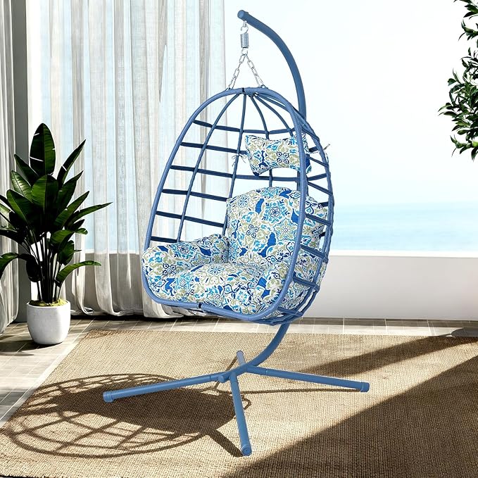 Hanging Egg Chair with Stand Outdoor Indoor Patio Rattan Swing Hammock Chairs with Washable Cushion 350lbs Capacity PE Wicker Swing Chair for Backyard Bedroom Garden (Blue + Floral Cushion)
