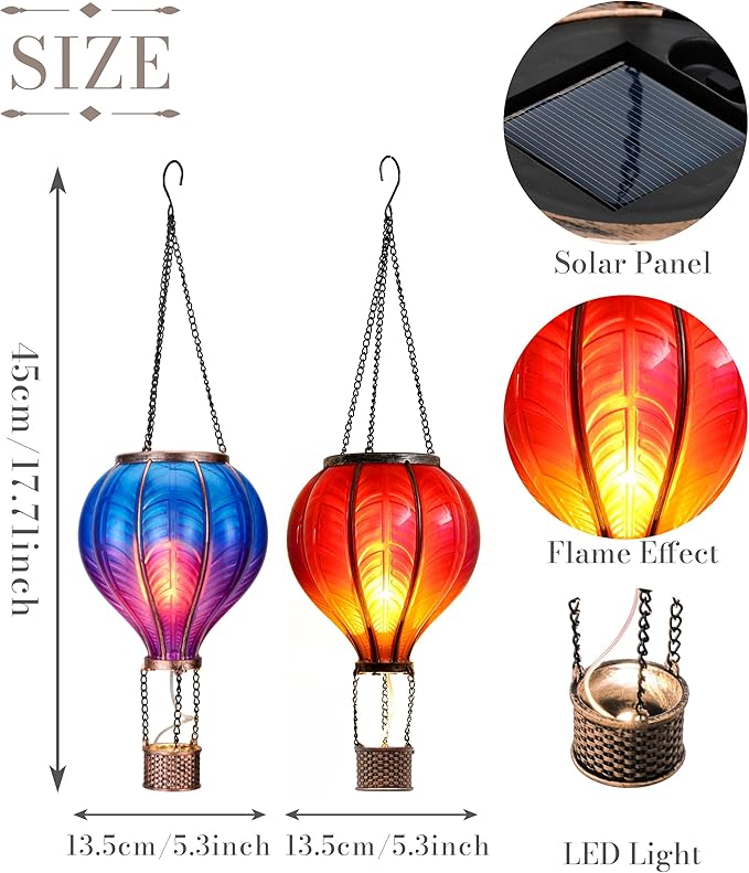 TERESA'S COLLECTIONS 2 Pcs Hot Air Balloon Solar Lantern Outdoor Garden Decor Waterproof Hanging Solar Lantern with Flickering Flame Light for Yard TreeGift for Mom Lovers18