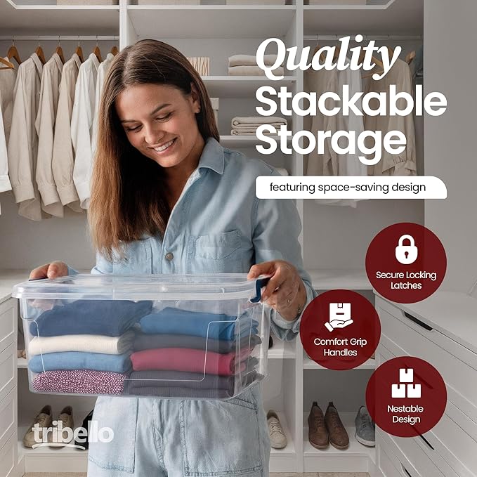 Tribello Plastic Storage Bins with Lids Clear Stackable Storage Containers - 21 Qt