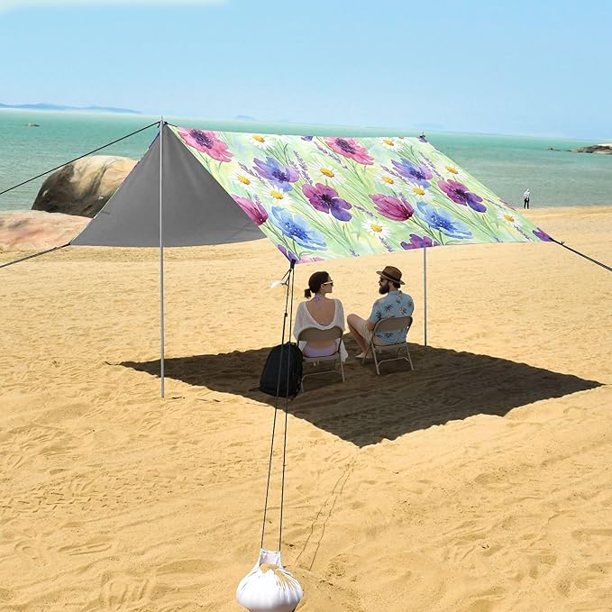 Wildflowers Beach Canopy Sun Shelter with Sandbags &amp Sand Shovel &amp Windproof Ropes - Portable 110x126 Beach Shade Beach Tent for Camping Picnics