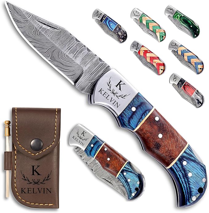 Custom Pocket Knife gifts for Men Personalized Damascus Folding Knife Engraved Gifts for Him Dad Boyfriend Husband Anniversary Groomsmen Gifts. Custom Knife for Camping Hunting Everyday Carry (