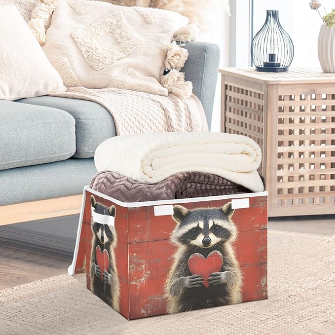 AIXIWAWA Lidded Storage Cube (Heart Raccoon) Fabric Foldable Closet Bins with Flip Lid and Handles Organizer Basket Container 16.5 x 12.6 x 11.8 IN