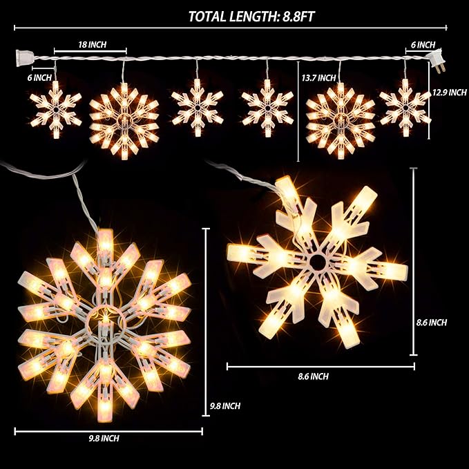 Dazzle Bright Christmas Snowflake Lights Outdoor100 Count 8.5FT Connectable Waterproof Christmas Icicle Lights with 6 Drops Plug in for Indoor Xmas Yard Home Decorations (Warm White)