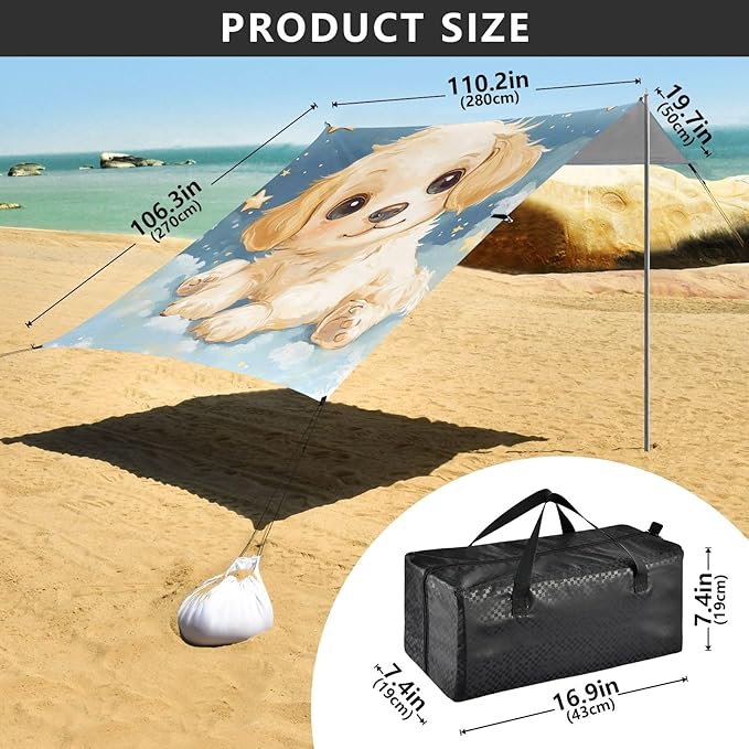 ALAZA Cute Puppy Dog Clound Stars Beach Tent Sun Shelter Portable Canopy Sunshade for Outdoor Camping Picnics Backyard Fun 10x9 ft