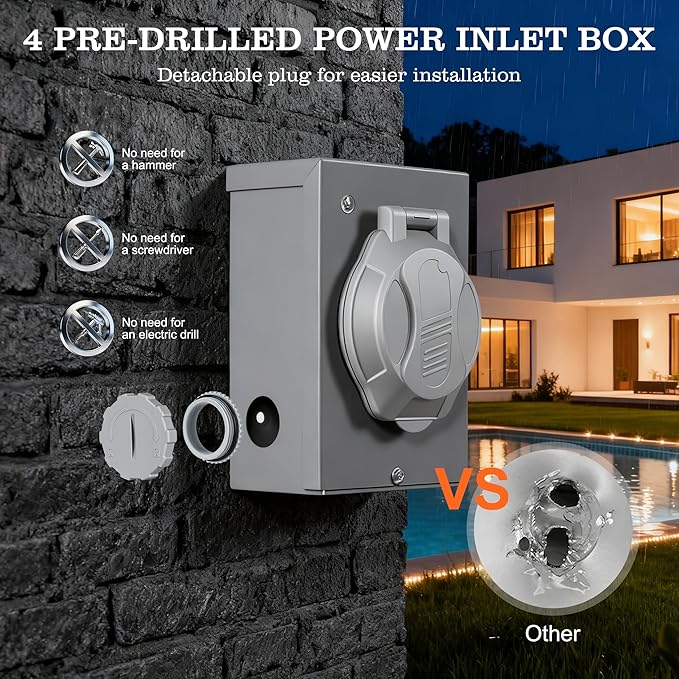 50 Amp Generator Cord &amp Power Inlet Box Kit - Upgrade Heavy Duty Generator Extension Cord STW 6/3+8/1 Gauge NEMA 14-50P/SS2-50R with Twist Lock Connector &amp Pre-Drilled Inlet Box Kit ETL Listed